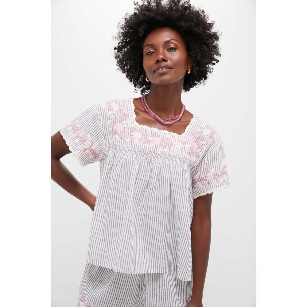 TUCKERNUCK Tan Stripe Embroidered Floral Linen Kali Top Size XL NWT